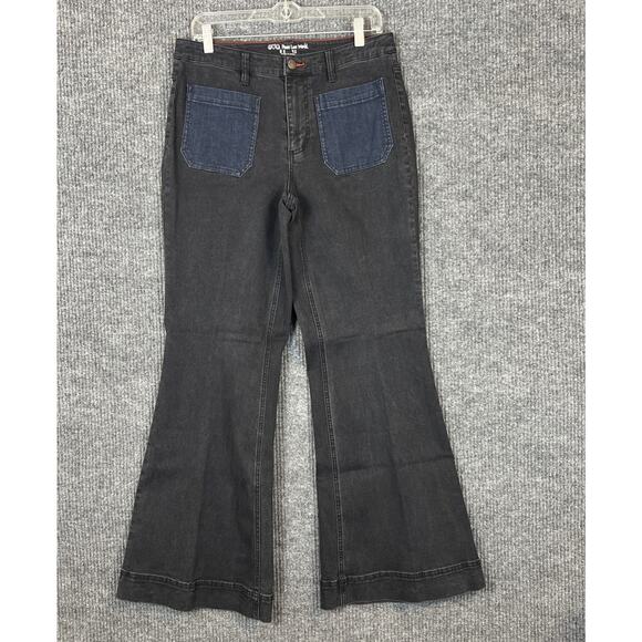 Peace Love World Regular Patch Pocket Flare Jeans Black Womens Size 10 Boho - Picture 2 of 12
